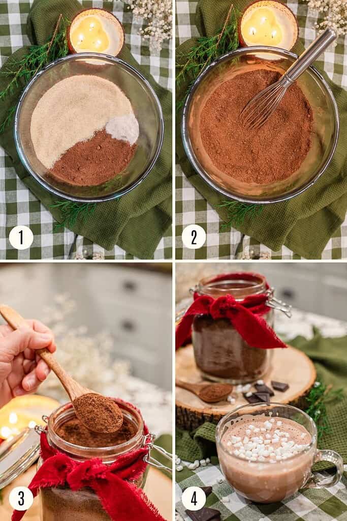 Step-by-step collage showing how to make homemade hot cocoa mix, from combining dry ingredients to serving hot chocolate.