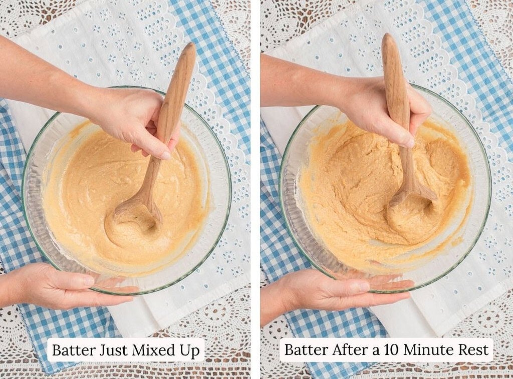 Side by side comparison of blueberry streusel muffin batter with fresh milled flour, freshly mixed versus after a ten minute bran hydration rest