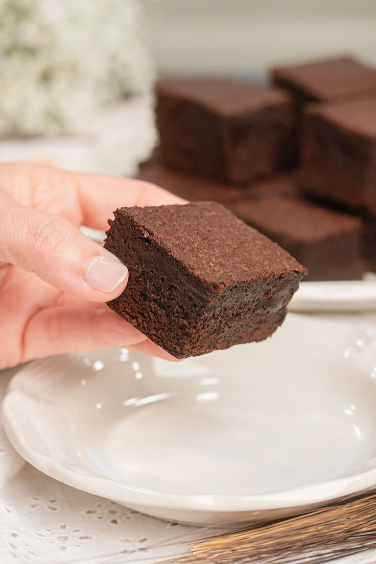 A hand holding a cakey brownie made with freshly milled flour showing its soft fluffy texture, with more brownies blurred on a plate behind