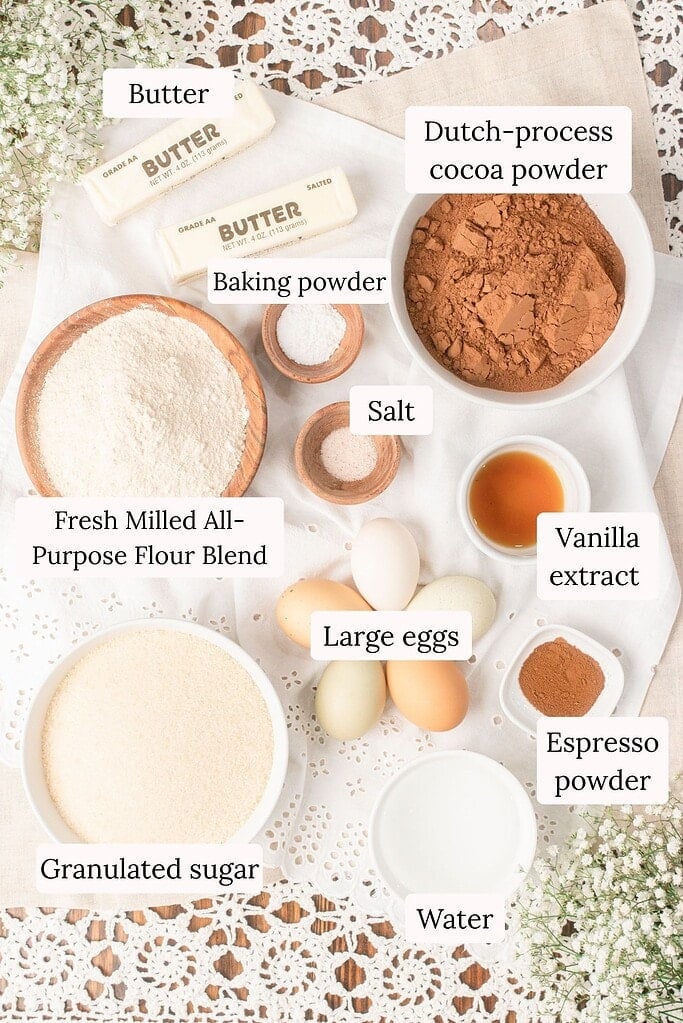 Ingredients for cakey brownies with freshly milled flour including butter, Dutch process cocoa powder, baking powder, salt, fresh milled all purpose flour blend, vanilla extract, large eggs, espresso powder, granulated sugar, and water