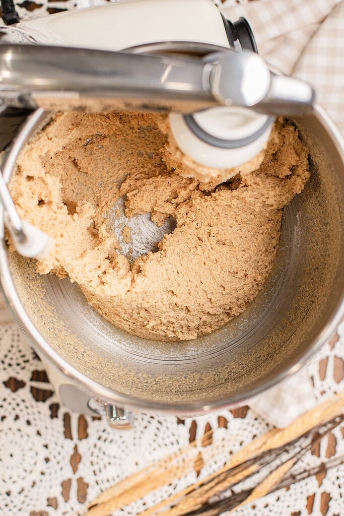 Freshly milled flour dough kneaded to a soft, elastic texture in a stand mixer