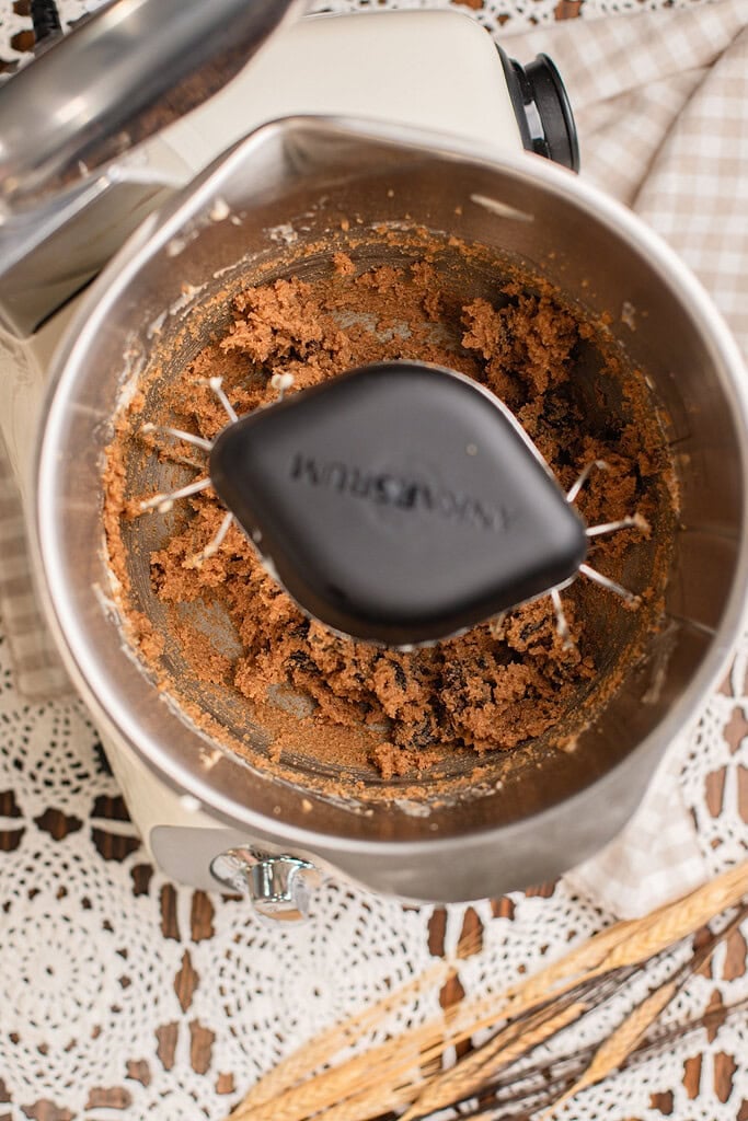 Cinnamon sugar filling with raisins mixed in a stand mixer for freshly milled flour cinnamon rolls