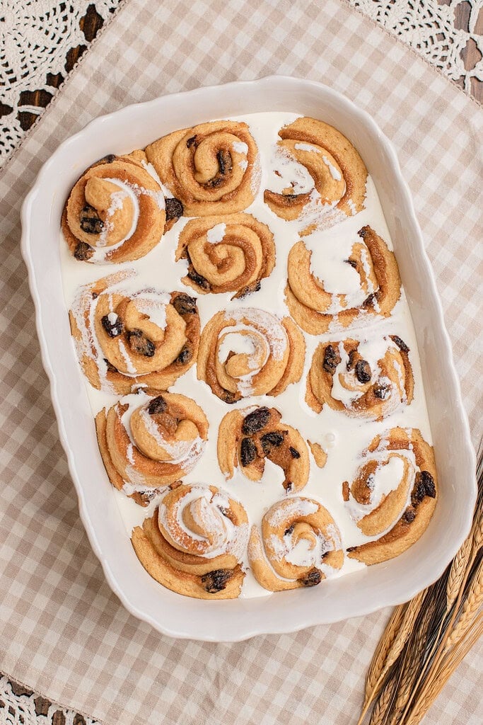 Unbaked cinnamon rolls made with freshly milled flour soaked in heavy cream before baking