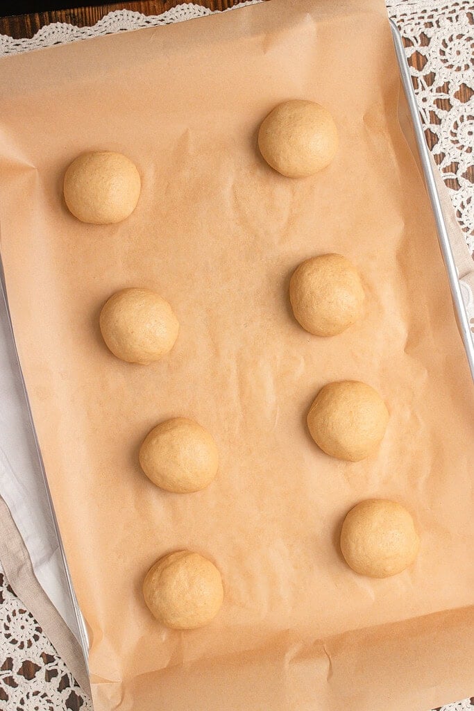 Rounded balls of Fresh Milled Flour Hamburger Bun dough spaced out on a parchment lined baking sheet before rising
