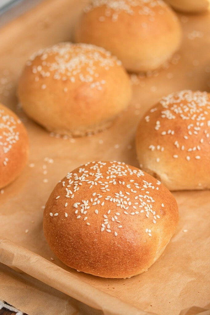 Close up of freshly baked sesame seed topped Fresh Milled Flour Hamburger Buns showing a golden crust on a parchment lined baking sheet