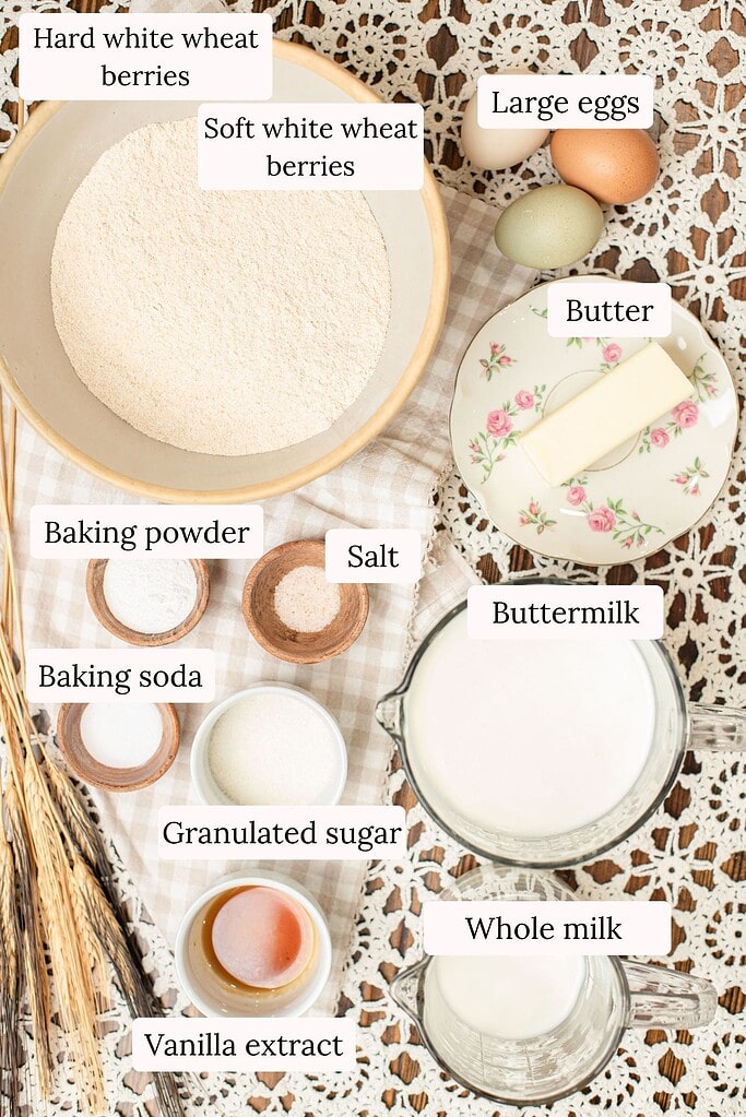 Flat lay of labeled ingredients for pancakes made with freshly milled flour, including bowls of soft white and hard white wheat berries, milled flour, large eggs, butter, baking powder, salt, baking soda, granulated sugar, buttermilk, whole milk, and vanilla extract, arranged on a lace and checked cloth with dried wheat stalks.