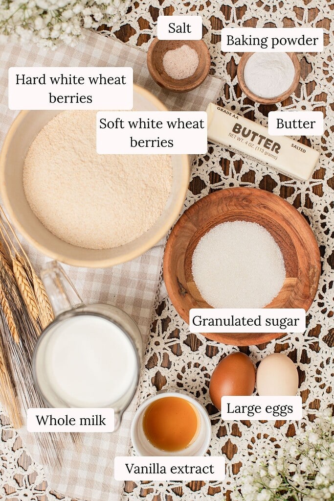 Flat lay of labeled ingredients for waffles made with freshly milled flour, including bowls of hard white and soft white wheat berries, milled flour, salt, baking powder, butter, granulated sugar, whole milk, vanilla extract, and large eggs, arranged on a lace and checked cloth with dried wheat stalks.